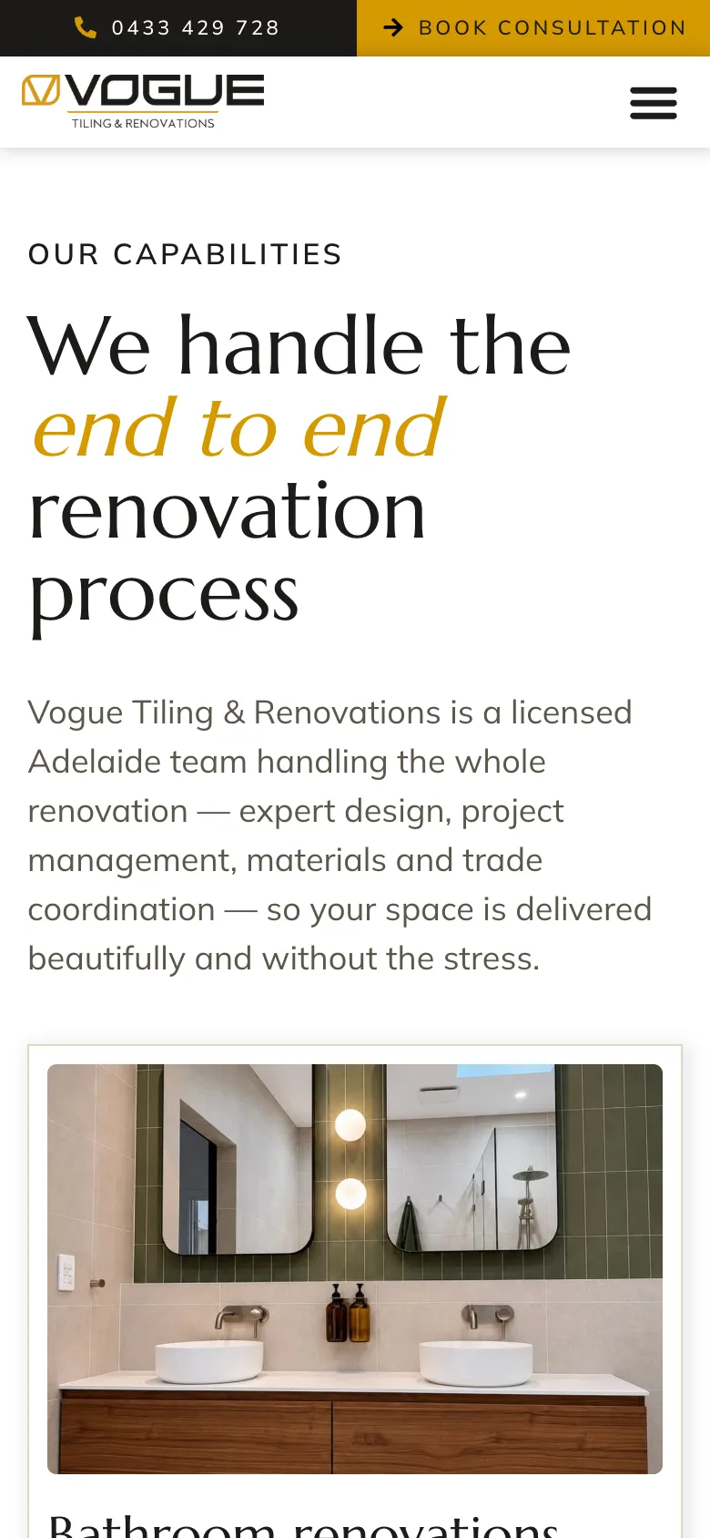 Vogue Tiling & Renovations website - Our Capabilities page on mobile