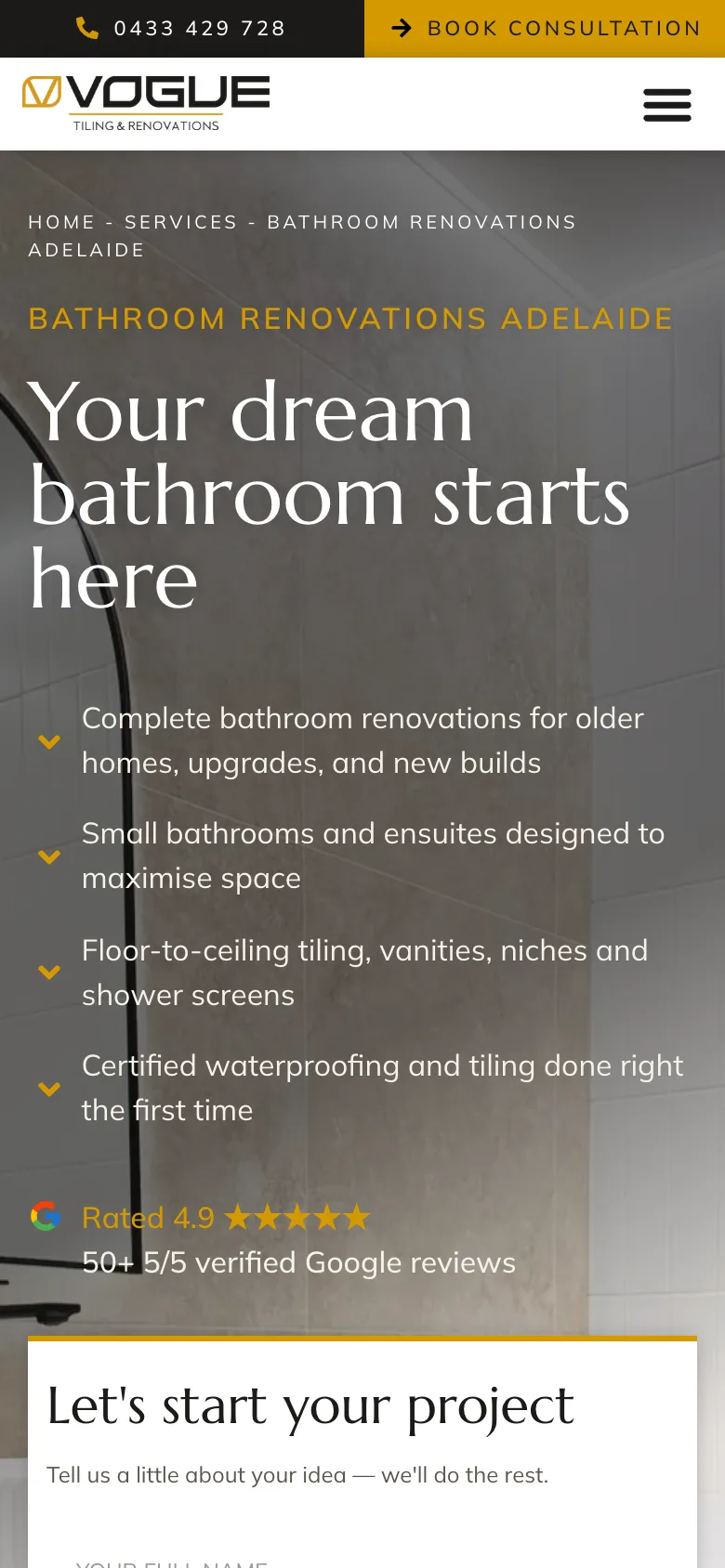 Vogue Tiling & Renovations website - Bathroom Renovations page on mobile