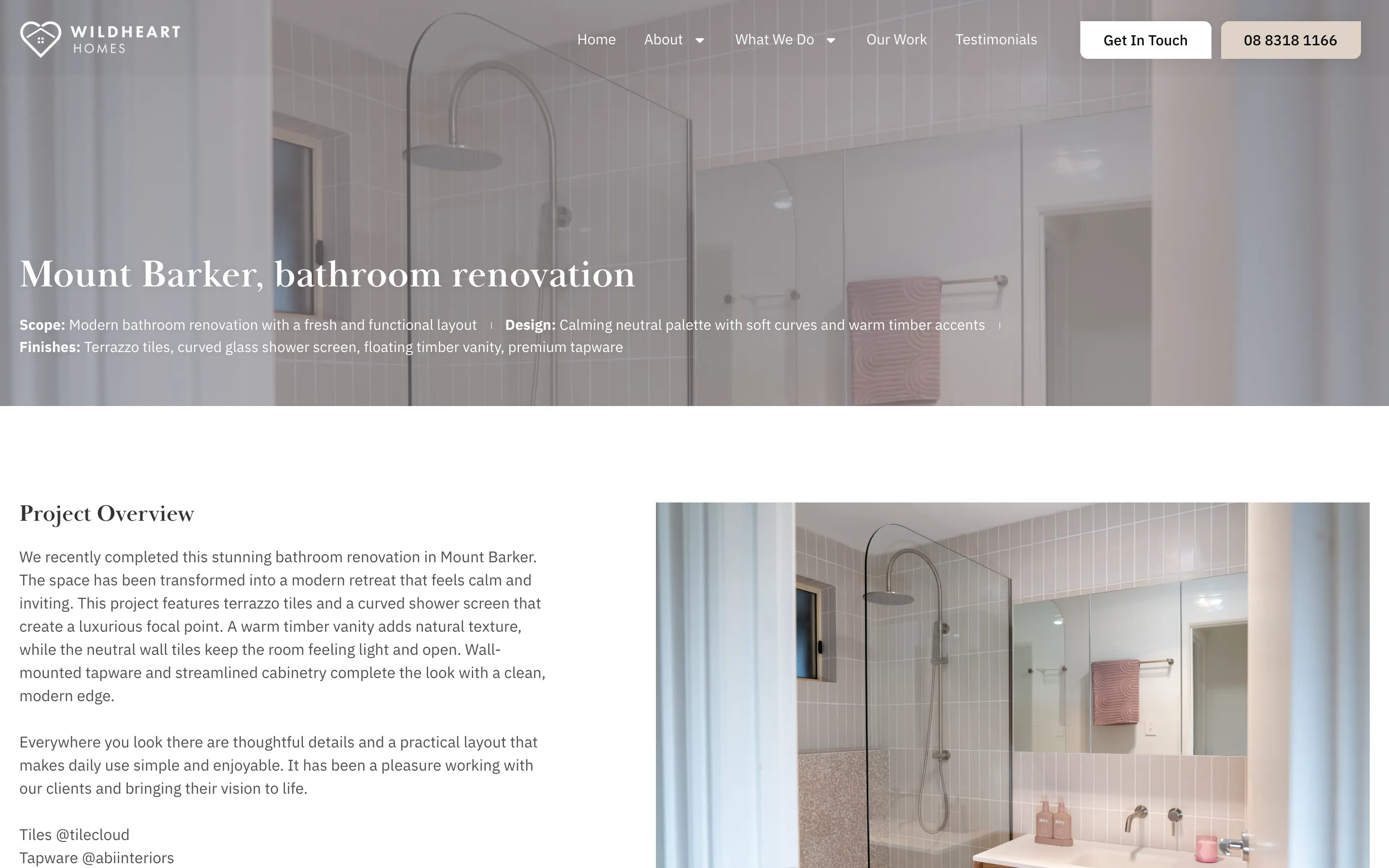 Wildheart Homes website - Bathroom Renovation Project page on desktop