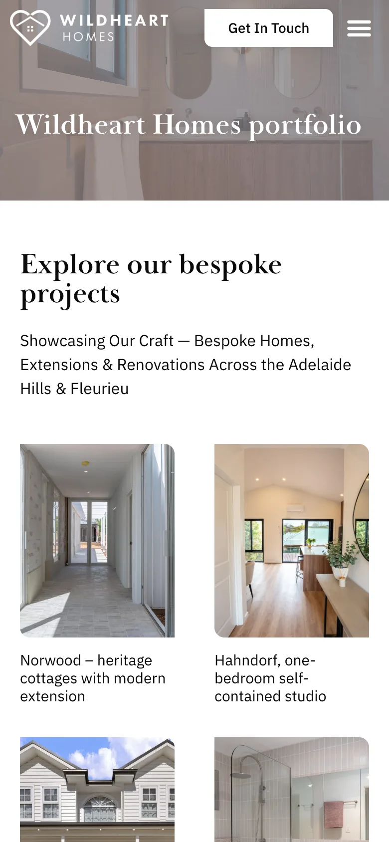 Wildheart Homes website - Portfolio page on mobile