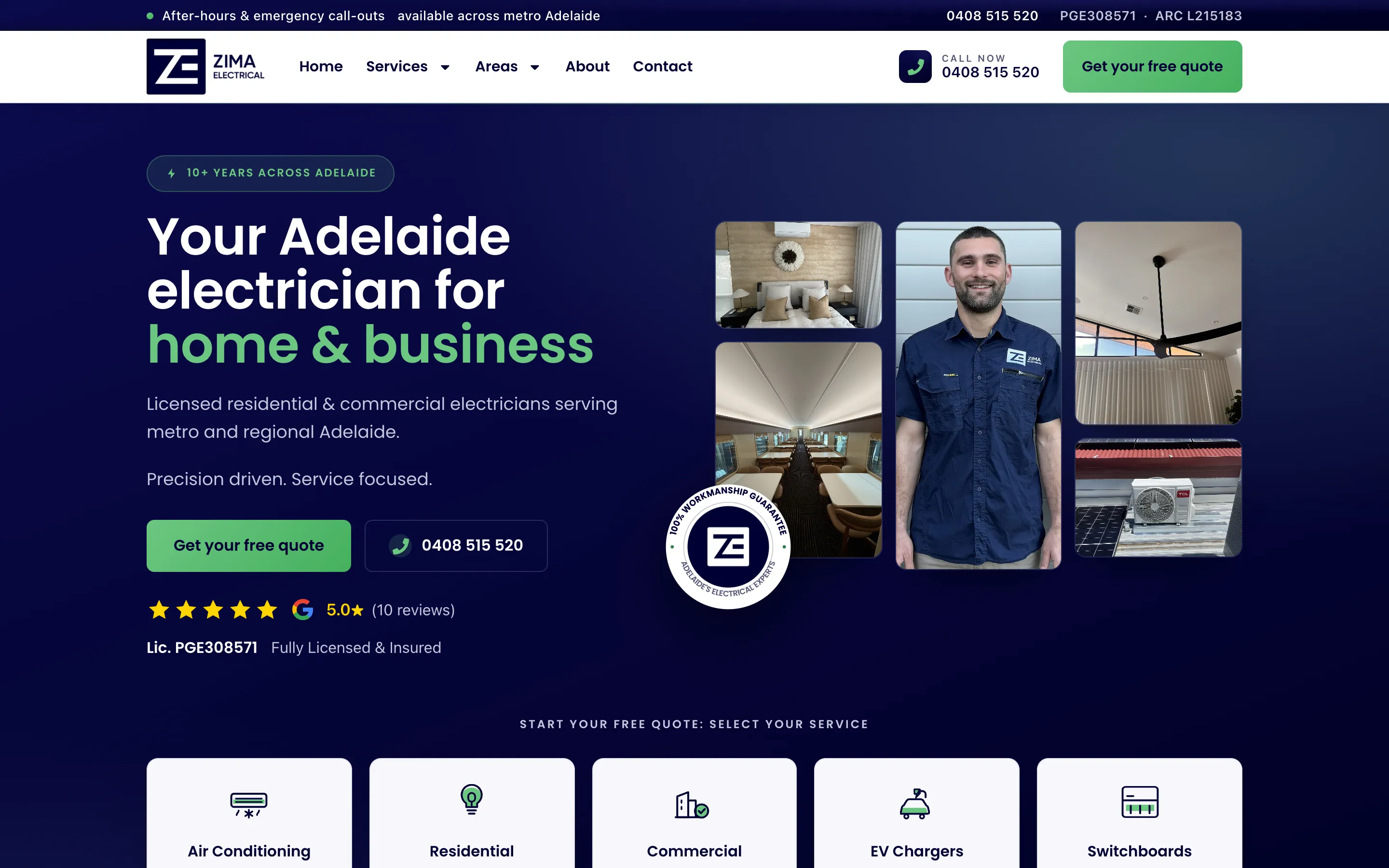 Zima Electrical website - Home page on desktop
