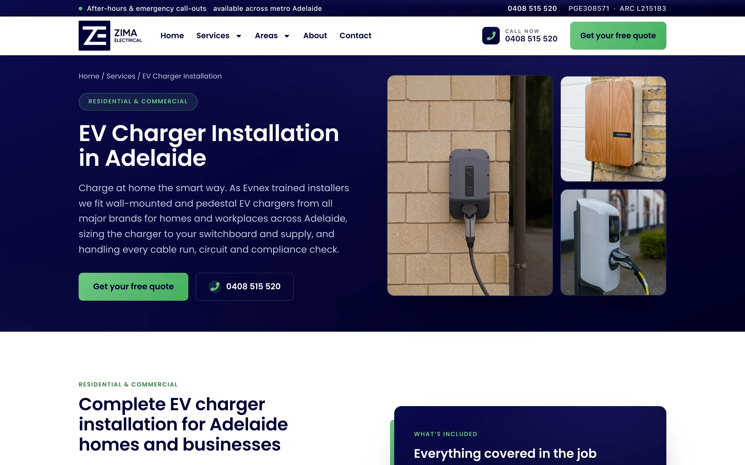 Zima Electrical website - EV Charger Installation page on desktop