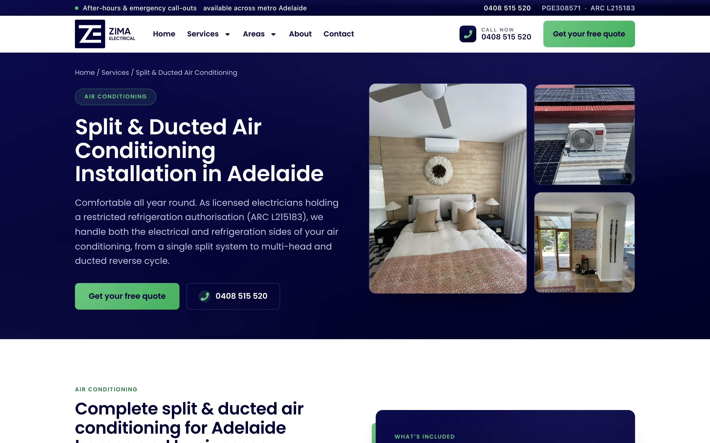 Zima Electrical website - Split & Ducted Air Conditioning page on desktop