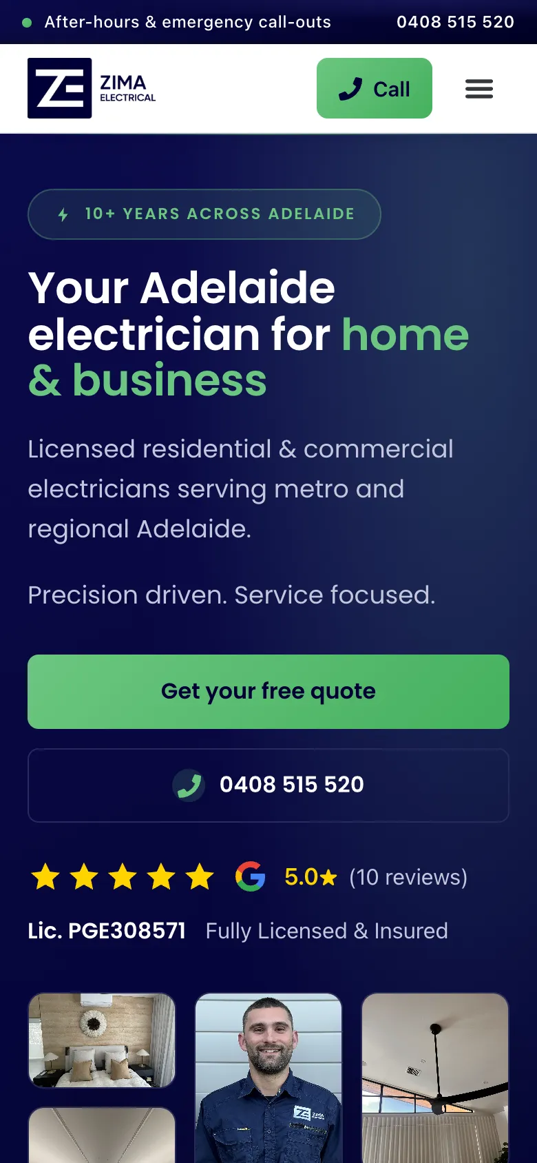 Zima Electrical website - Home page on mobile