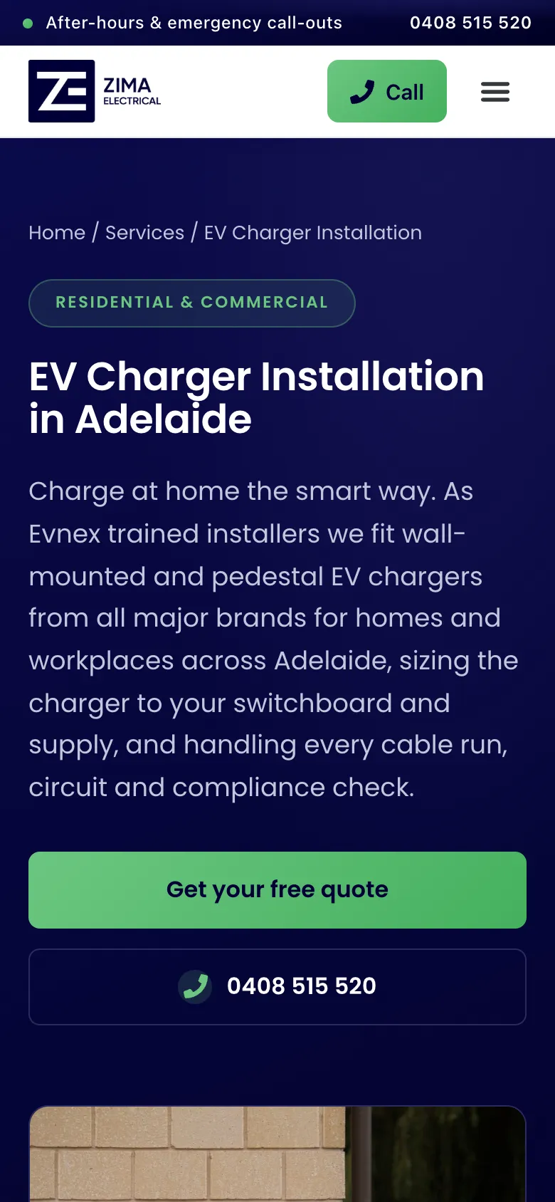 Zima Electrical website - EV Charger Installation page on mobile