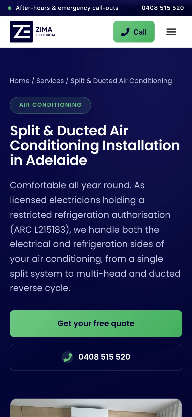Zima Electrical website - Split & Ducted Air Conditioning page on mobile