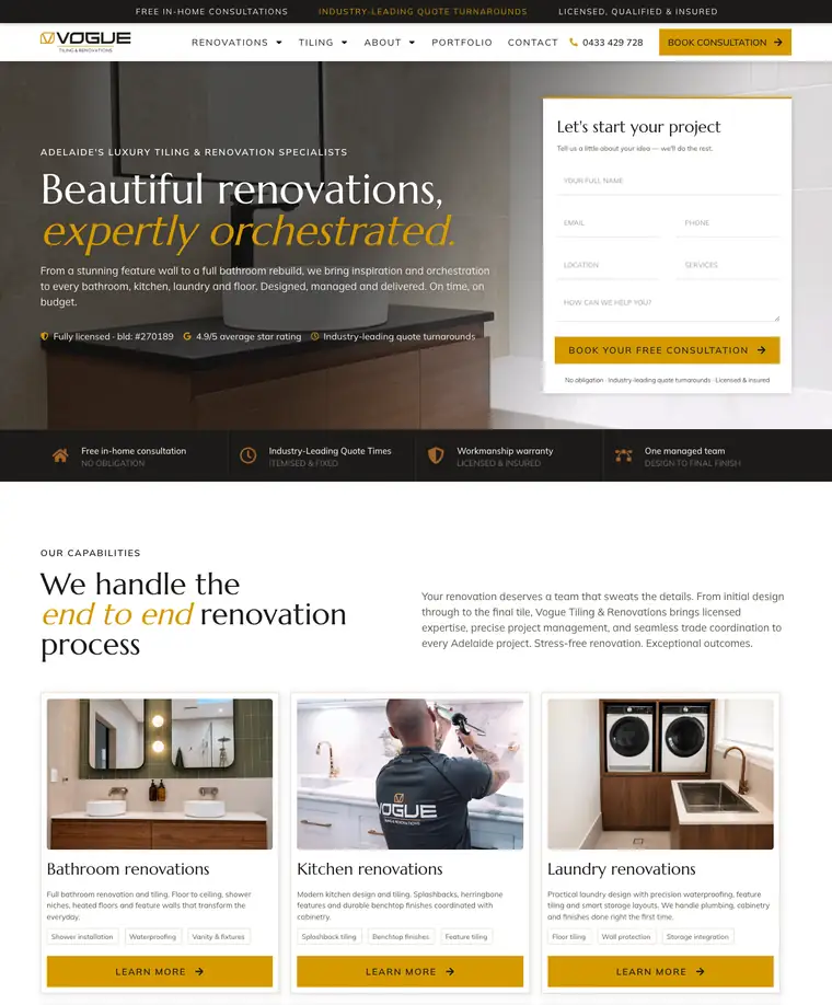 Tiler and renovation website design for Vogue Tiling & Renovations, Adelaide