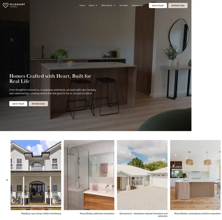 Builder website design for Wildheart Homes, Adelaide